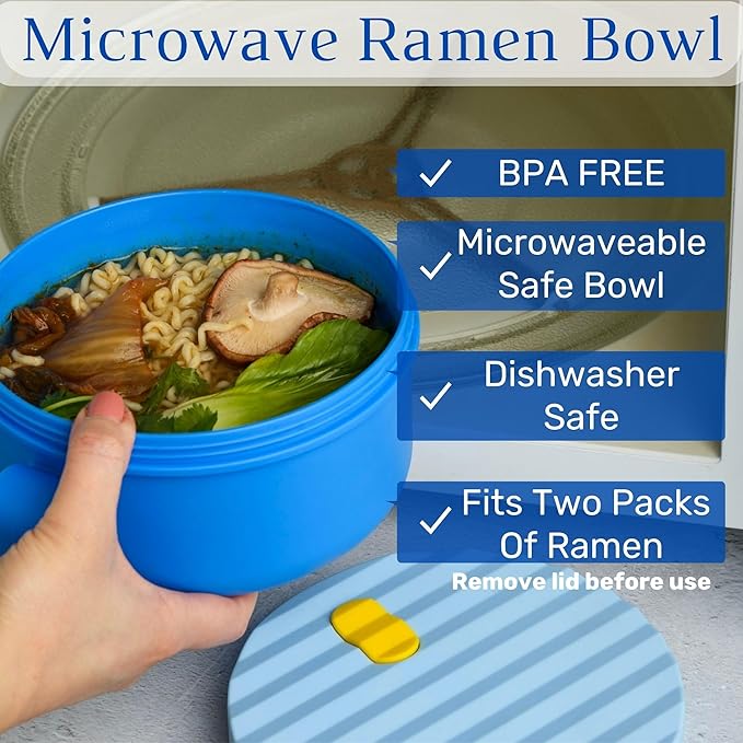 AI LOVE PEACE Microwave Noodle Bowl Set of 2, 40 oz Ramen Bowls with Lids, Dishwasher Safe Soup Bowl for Ramen, Pho, Pasta, Rice, College Dorm Essentials (Beige & Blue)