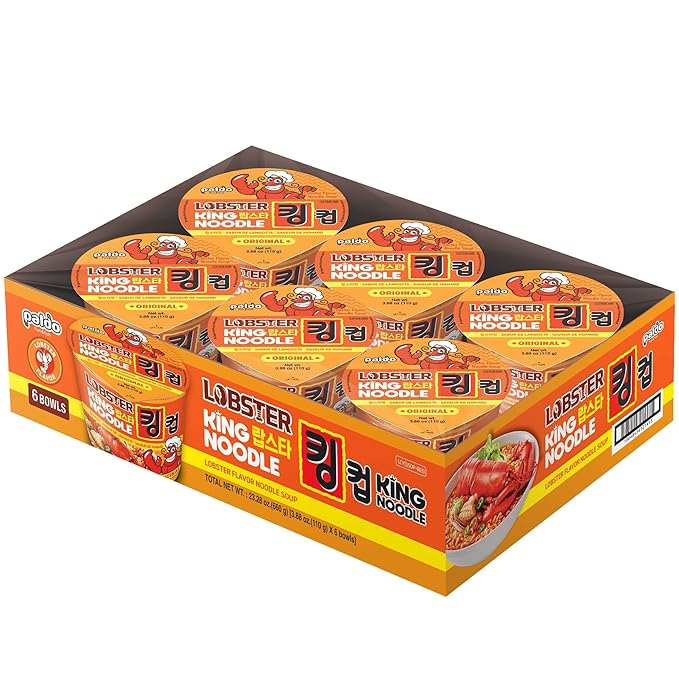 Paldo Fun & Yum Lobster Instant Big Cup Noodles with Soup, Lobster Seafood Flavor Based Broth, Best Oriental Style, Original Korean King Cup Ramyun 110g 3.88 oz (Pack of 6)