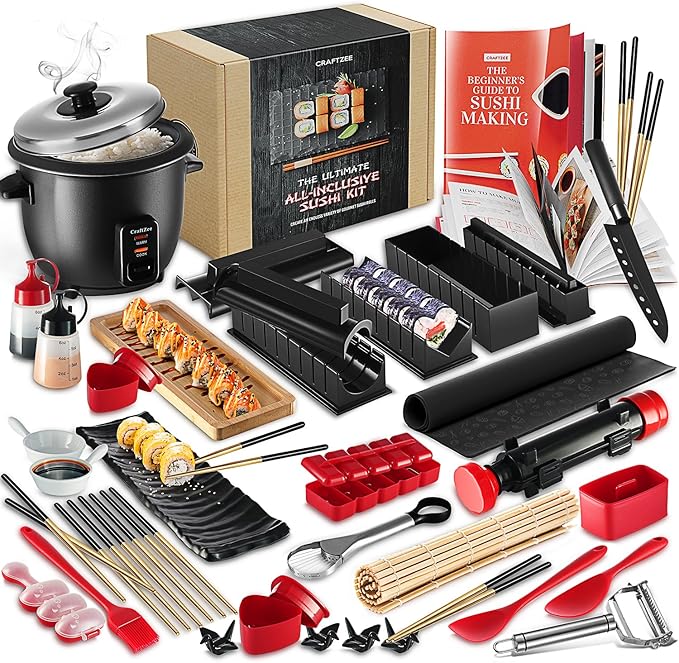 CraftZee All-Inclusive 𝗣𝗥𝗘𝗠𝗜𝗨𝗠 Sushi Making Kit for Beginners & Professionals - Sushi Maker with Rice Cooker, Reusable Chopsticks, Bazooka, Sushi Roller, Book - Sushi Kit for Family BPA-Free