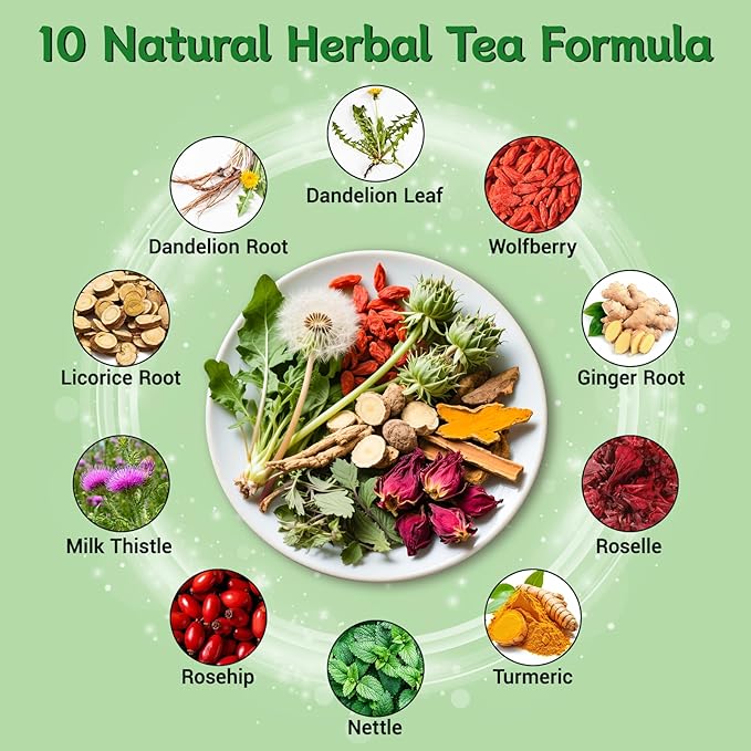 Liver Detox Tea, Liver Cleanse Detox & Repair Dandelion Milk Thistle Tea Support Kidney Health, 10 Precious Ingredients Formula Herbal Teabags for Men & Women (2 Pack/30 Bags)