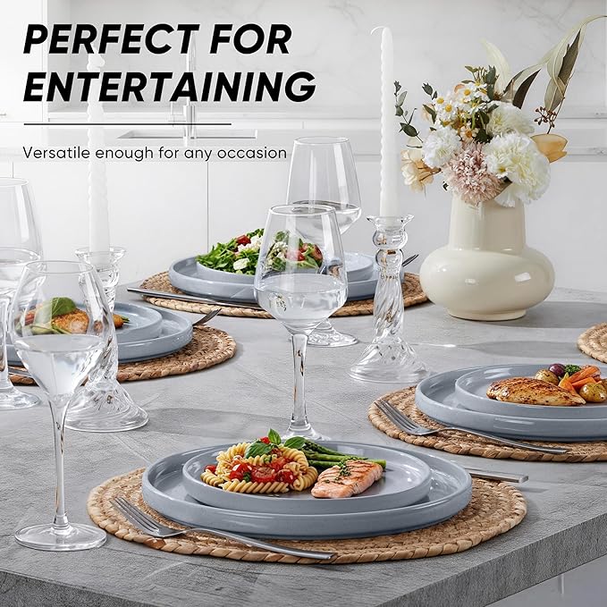 E-far Dinner Plates Set of 6, 10.5 Inch Stoneware Dinner Plate with Raised Edges, Chip & Scratch Resistant | Microwave & Dishwasher Safe Modern Ceramic Dishes for Dessert Salad, Speckled Gray