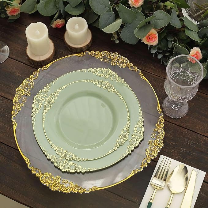 Efavormart 10 Pack | 8" Sage Green and Gold Baroque Dessert Plates, Leaf Embossed Metallic Rim Heavy Duty Appetizer Plates for Outdoor Garden Socials