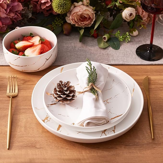 Pokini White Gold Splash Dinnerware Sets, 12 Pieces Fine China Marble Plates and Bowls Sets, Modern Porcelain Dish Set for 4, Luxury Dinner Set for Formal Dinners and Weddings