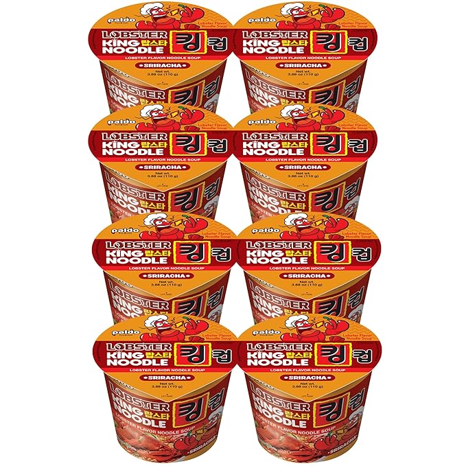 Paldo Fun & Yum Sriracha Lobster Instant King Cup Noodles with Soup, Sriracha Lobster Seafood Flavor Based Broth, Best Oriental Style, Original Korean Ramyun, 팔도 스리라차 랍스타맛 킹 컵 110g (3.88 oz) x 8 Pack