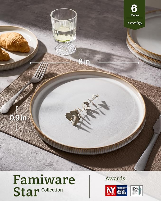 famiware Star Salad Plates for 6, 8 inches Plate Set, Stoneware Dinnerware, Small Dinner Plates for Dessert, Salad, Appetizer, Cappuccino White (Pack of 2)