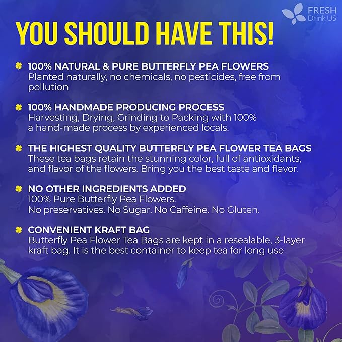 FreshDrinkUS, Premium 100 Blue Butterfly Pea Flowers Tea Bags, 100% Natural and Pure from Butterfly Pea Flowers, Made With Natural Material Tea Bag, No Sugar, No Caffeine, No Gluten, Vegan