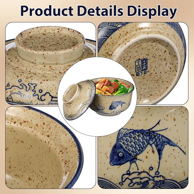 Cabilock 2 Pieces Ceramic Ramen Bowls, 25 Oz Large Soup Bowl with Lid, Spoon Chopstick Japanese Tableware for Noodles, Salad, Rice, Microwave Dishwasher Korean Clay Pot - Fish
