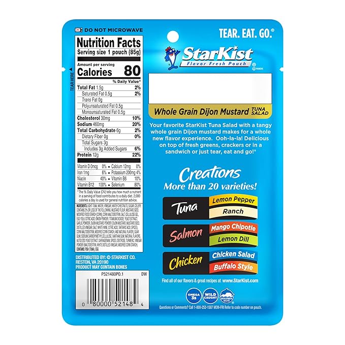StarKist Tuna Creations Whole Grain Dijon Mustard Tuna Salad Pouch (3.0 oz - 24 Pack) Wild Caught, High Protein Shelf Stable Seafood, No Draining, Ready to Eat for Salads and Sandwiches