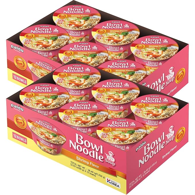 Paldo Fun & Yum Instant Cup Noodle Soup Bowl with Seafood Shrimp Flavored Broth, Pack of 12, Best Oriental Style Korean Ramyun, Most Loved Korean Noodles, 팔도 새우 사발면 86g (3.03 oz) x 12