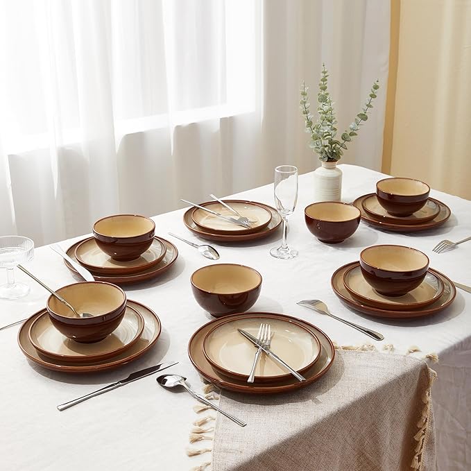 Pokini 32 Piece Double Bowl Dinnerware Sets with Pasta Bowls, Highly Chip and Crack Resistant Plates and Bowls Sets, Natural Earthyware Ceramic Dishware Sets, Service for 8 Brown Yellow