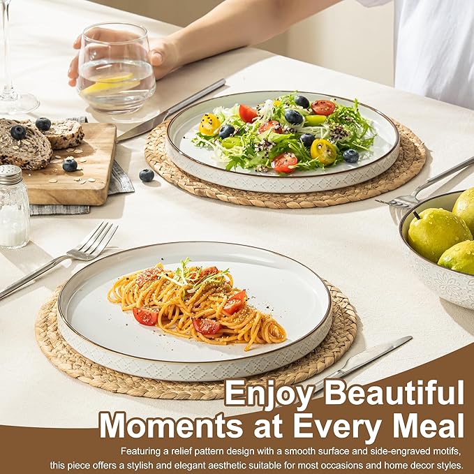 Dafuceramic Dinner Salad Plates Set of 4, 10 Inch Salad Plates with Embossments, Dessert, Salad, Appetizer, Dinner Plate, Microwave, Dishwasher Safe,Scratch Resistant