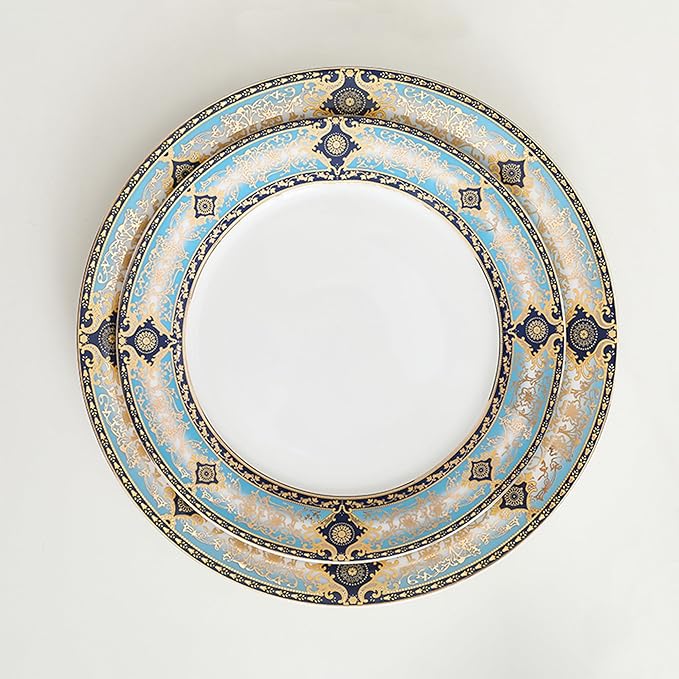 8 Piece Dinnerware Set for 4，Luxury Blue and Gold Porcelain Dinner Plate Set, Ornate Vintage Pattern Ceramic Tableware for Fine Dining, Wedding, Home Decor, Premium Dish sets for Steak and Dessert