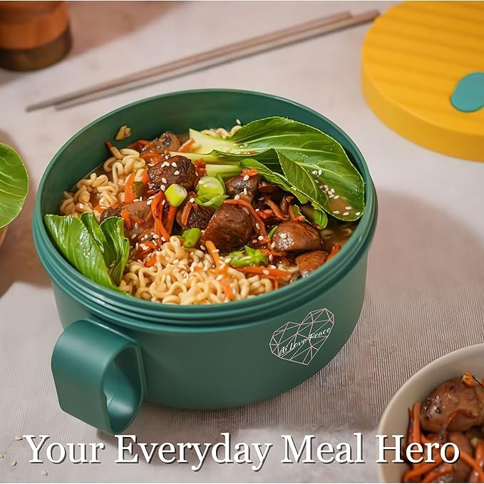 Microwaveable Ramen Noodle Bowl Cooker 40oz for Ramen, Pho, Soup, and Pasta, Dishwasher Safe and Portable, Ideal for Home, Office, Dorm, or Gift.Ai Love Peace (Green)
