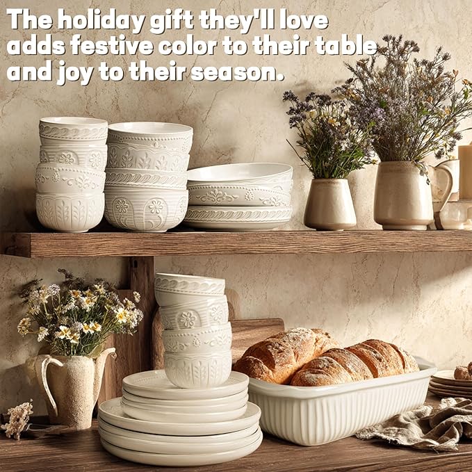 Artena Pasta Bowls, 50oz Large Salad Serving Bowls, 9.75'' Plates Bowls Set of 4, Big White Ceramic Soup Bowls for Kitchen, Embossment Shallow Dinner Bowl, Microwave Dishwasher Safe, Willow Leaf