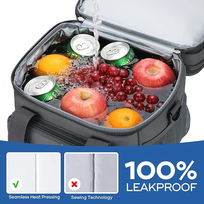 RealCool Lunch Bag, Insulated Lunch Box for Men Women, Double Deck Leakproof Soft Cooler Bag with Adjustable Strap, Reusable Lunchbox for Work, Travel, Camping (Grey)