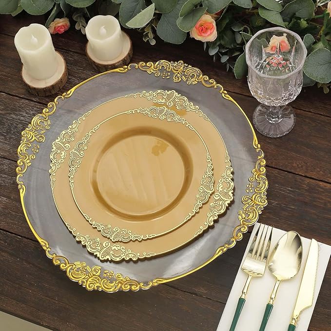 Efavormart 10 Pack | 8" All-Gold Baroque Dessert Plates, Leaf Embossed Metallic Rim Heavy Duty Appetizer Plates for Royal Anniversary Celebrations