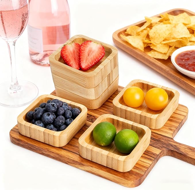 Jucoan 10 Pack Small Bamboo Bowls, Square Wooden Sauce Dish Dipping Bowl for Condiments, Appetizers, Snack, Ketchup, Charcuterie Board, Unbreakable, Stackable, Lightweight