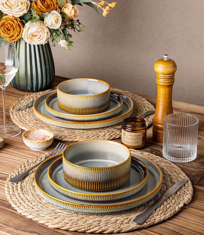 TheTerra Ceramic Dinnerware Sets for 4, 12 Pieces Porcelain Lightweight Plates and Bowls Sets, Scratch Resistant Dish Set, Oven & Microwave & Dishwasher Safe, Dusk Blue