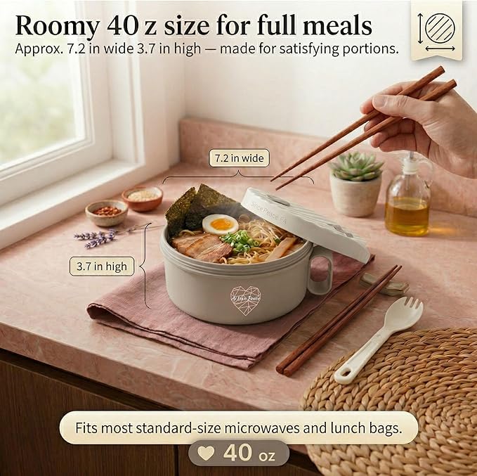 AI LOVE PEACE Microwave Noodle Bowl Set of 2, 40 oz Ramen Bowls with Lids, Dishwasher Safe Soup Bowl for Ramen, Pho, Pasta, Rice, College Dorm Essentials (Beige & Red)