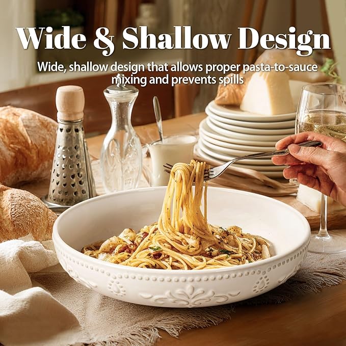 Artena Pasta Bowls, 50oz Large Salad Serving Bowls, 9.75'' Plates Bowls Set of 4, Big White Ceramic Soup Bowls for Kitchen, Embossment Shallow Dinner Bowl, Microwave Dishwasher Safe, Multiple Patterns