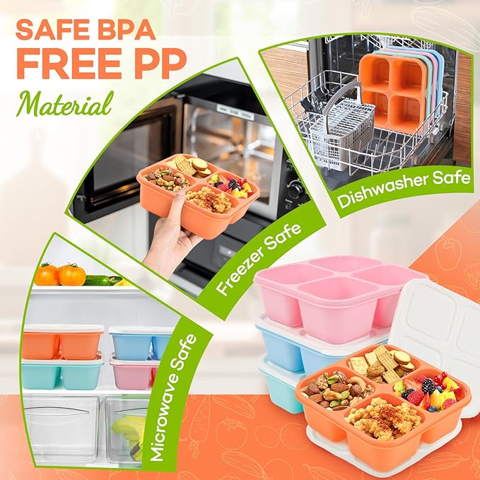 Bento Box Adult Lunch Box- 4 Pack,4 Compartment Snack Containers Reusable Meal Prep Stackable BPA-Free Lunch Containers for Home, Work, Travel (4 Color)