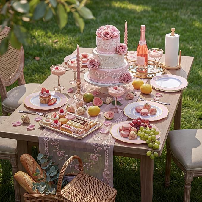 WDF 60pcs Pink Dessert Plates - 7.5inch Baroque Pink and White Disposable Dessert Cute Cake Plates for Upscale Parties &Wedding-Special for Baby Shower, Brithday, Tea Party