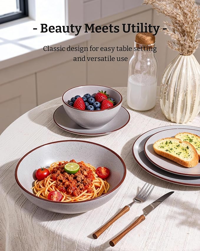 Famiware Venus Stoneware Dinnerware Set with Pasta Bowls for 4, 16-Piece Speckled Plates and Bowls with Trim, Matte Light Gray - Chip‑Resistant Dishes for Everyday & Formal, Microwave/Dishwasher Safe