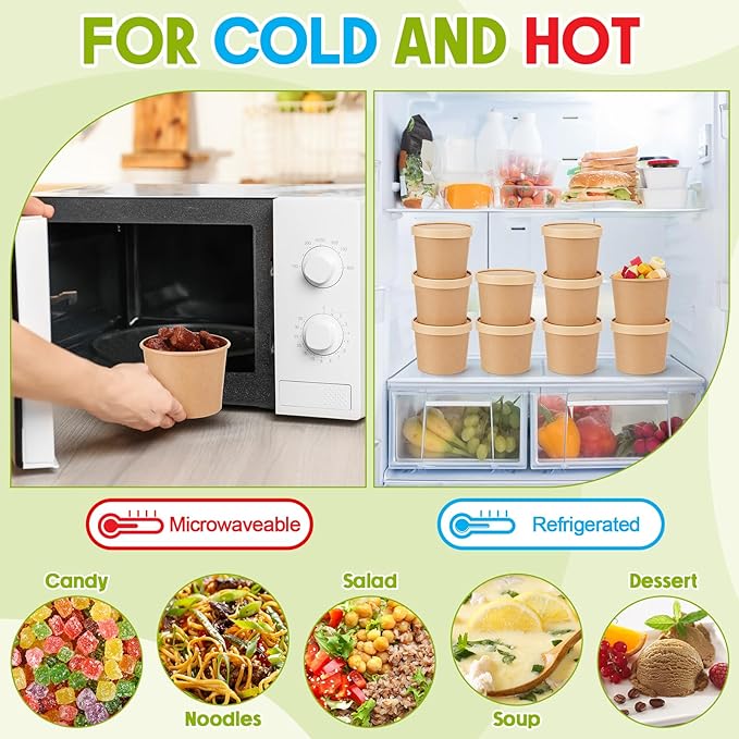 Fulmoon 100 Pack Paper Soup Containers with Lids Disposable Paper Food Containers with Vented Lid Kraft Ice Cream Cake Dessert Cups Soup Bowl for Party Hot Food Fruit Microwave(20 oz,Brown)