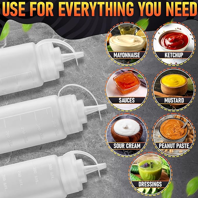 10-Pack Plastic Condiment Squeeze Bottles 12 oz – Refillable Squirt Bottles with Narrow Tip, Leak-Resistant | Great for Oil, Sauces, Ketchup, Mayonnaise, Syrup, Dressing, Summer BBQ and Catering Use