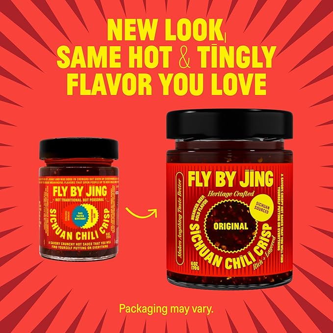 FLYBYJING Original Sichuan Chili Crisp: Premium Chili Oil w/Crunchy Garlic and Shallots - Spicy, Savory, Vegan, Sugar Free Hot Sauce - Good on Noodles, Proteins, Veggies & Everything, 6oz (Pack of 2)