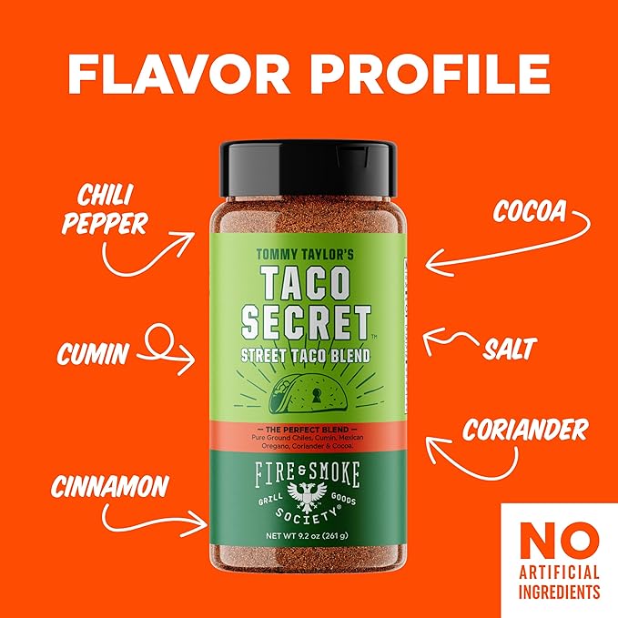 Fire & Smoke Society Taco Secret Taco Seasoning Mix | XLarge Bottle, 9.2 oz | Fajita Seasoning Mix, Carnitas, Meat, Mexican Spice Blend