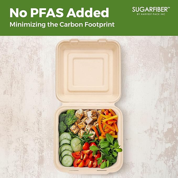 [200 COUNT]Sugarfiber by Harvest Pack PFAS FREE 10 X 10" Compostable Clamshell Food Containers, Heavy-Duty Hinged Container, Disposable Bagasse Eco-Friendly Natural Takeout to go Box
