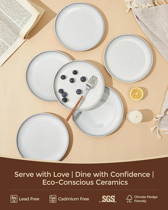 Pokini Salad Plates Set of 6, Microwave Safe Plates for Dessert, Appetizer, Scratch Resistant and Dishwasher Safe, Moonstone White