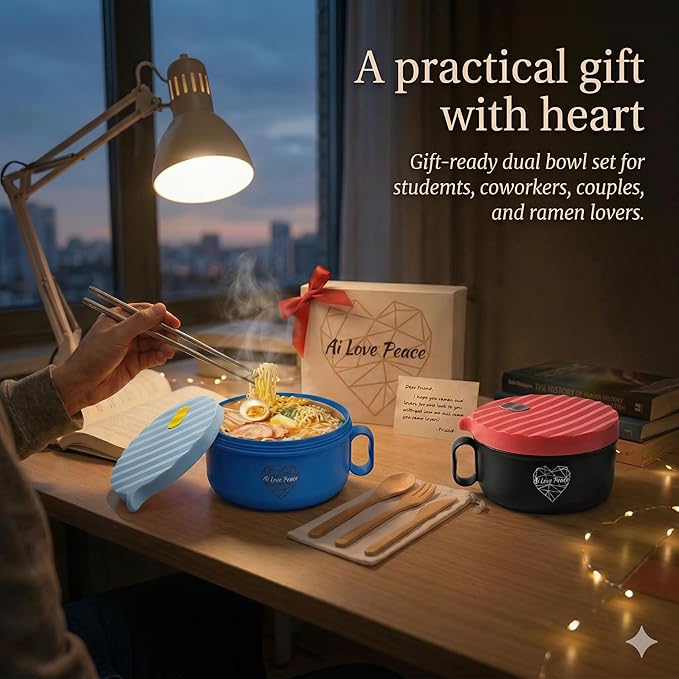 AI LOVE PEACE Ramen Bowls, 40 oz Large Microwavable Noodle Bowls (1 Blue, 1 Red) with Chopsticks, Sporks, and Utensil Bag, Portable Microwave Bowl for Home, Office, Dorm, or College Gift.