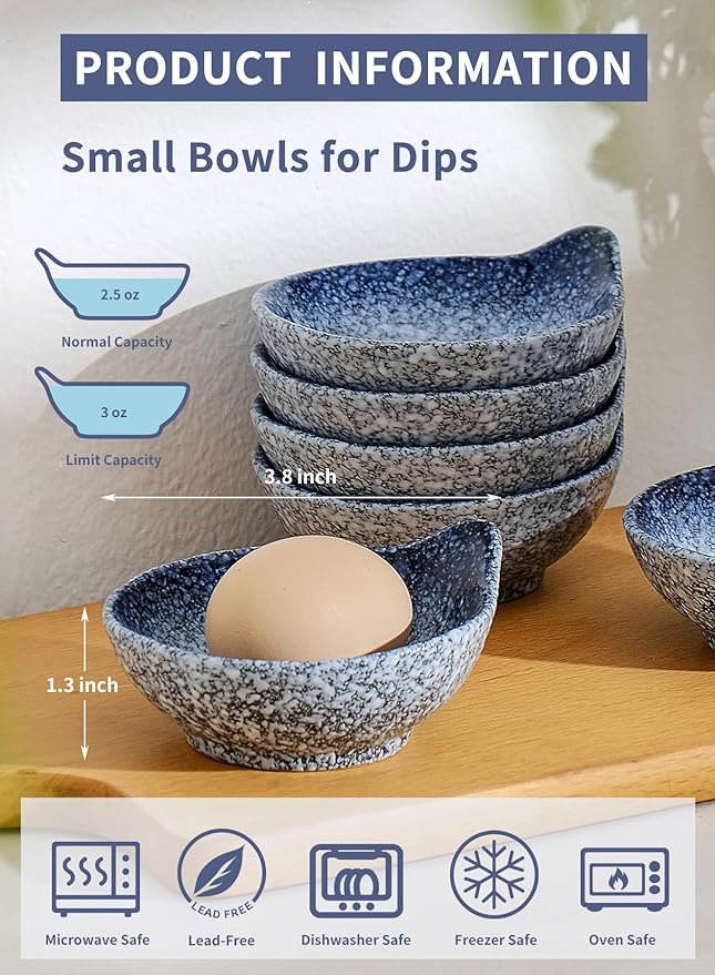 YJR Ceramic Side Dishes, Seasoning Dishes, Dipping Bowls - 4 Inch, for Ketchup Soy Sauce BBQ Party, Set of 6, Blue
