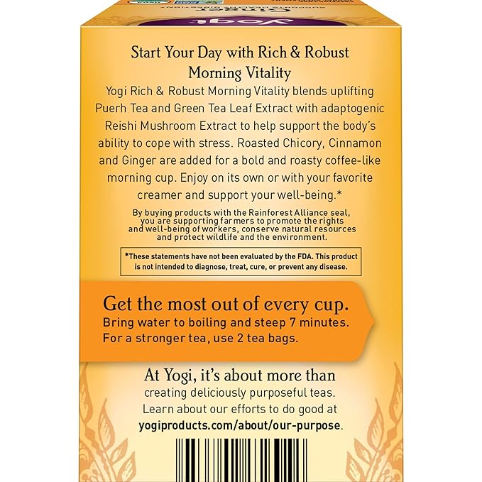 Yogi Tea Rich & Robust Morning Vitality Tea - 16 Bags per Pack (4 Packs) - Organic Adaptogen Tea Perfect for the Morning - Includes Puerh Tea Leaf, Roasted Chicory Root, Cinnamon Bark & More