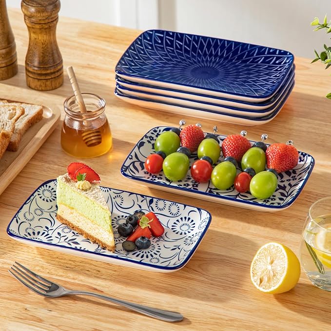 vancasso Selene 8.5 Inch Rectangular Salad Plates Set of 6, Ceramic Salad Plates for Sushi, Dessert, Appetizer, Porcelain Platters for Kitchen Decor, Microwave & Oven Safe, Vintage Blue & White Color