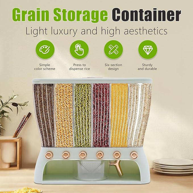 6 Grids Rice & Grain Storage Container 22.05 Pounds Rice Dispenser Food Dispenser Grain Dispenser One-Button Pressing Storage Bucket for Grains Snacks Candy Coffee Beans Dog (light green)