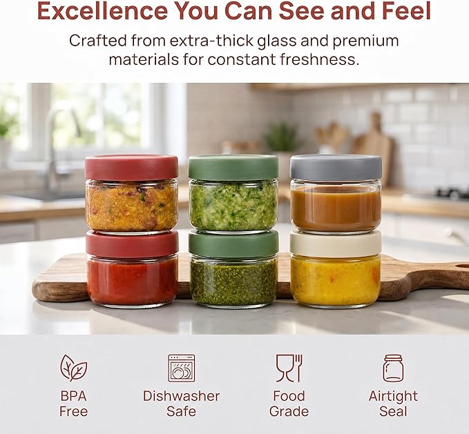 EONJOE 2 oz Glass Jars with Lids Dressing Containers Sauce Cups Mini Condiment Dip Jars To Go Lunch Accessories,12-Pack