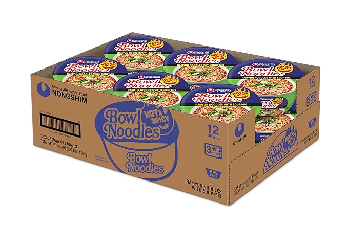 Nongshim Ramen Noodles, Gourmet Instant Ramen bowl, Premium Microwavable Noodle Soup, Hot & Spicy, 3.03 Ounce (Pack of 12)