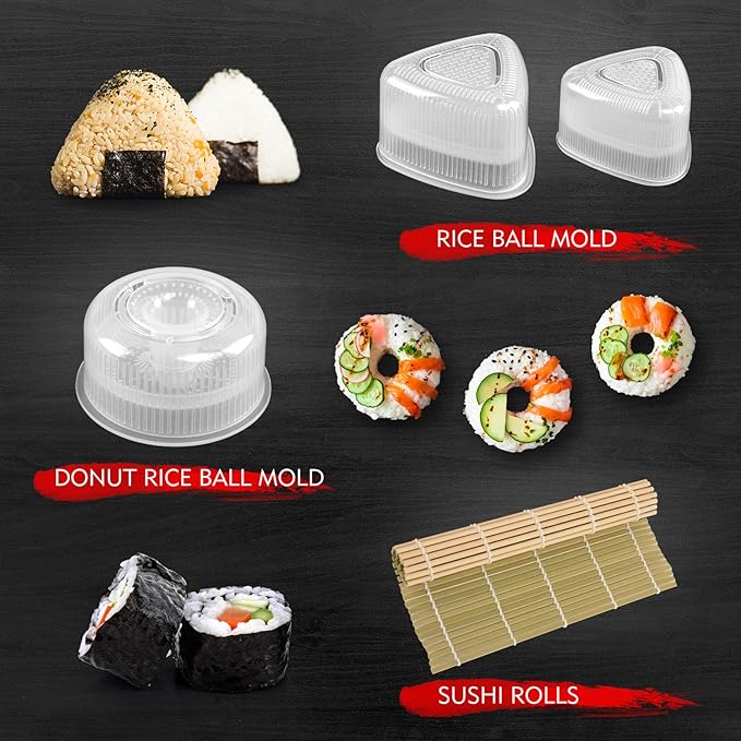 HI NINGER Sushi Making Kit Deluxe Edition Complete Sushi Maker Kit 17PCS Home Sushi Mold Press with Sushi Rice Roll Mold Shapes,Fork,Spatula, Sushi Knife, Sushi Rolling Mat, Chopsticks