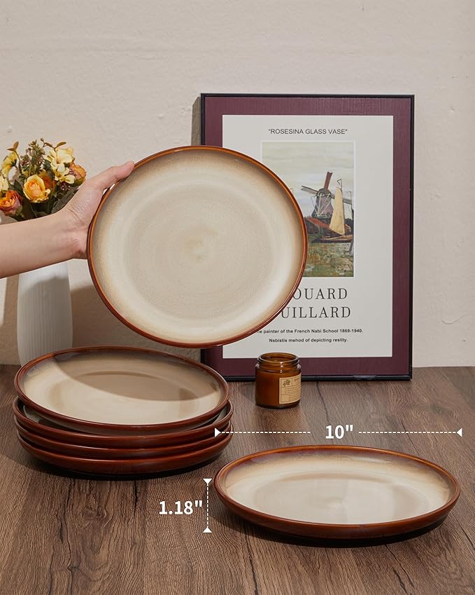 Pokini 10 Inch Dinner Plates Set of 6, Stoneware Round Salad Dessert Plates, Serving Plates, Microwave & Dishwasher Safe, Brown and Yellow