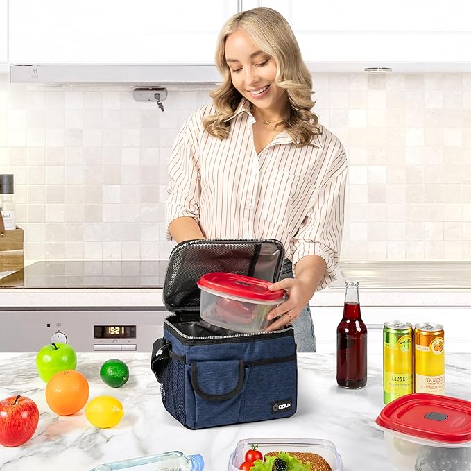 opux Insulated Lunch Box for Men Women Kids, Leakproof Reusable Lunch Bag Cooler for Work School Office, Soft Thermal Lunchbox Tote with Shoulder Strap for Boys Girls Adults, Heather Navy, 14 Can/8L