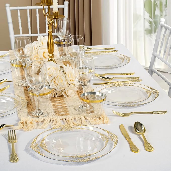 Bestluck 350PCS Clear Plastic Plates for 50 Guests, Disposable Dinnerware Sets Include 50 Gold Rim Plastic Plates, 25 Silverwares, 25 Cups, and 25 Pre Rolled Napkins for Party, Wedding and Graduation