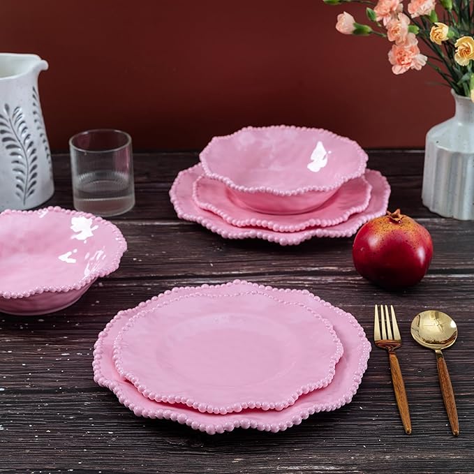 Pink Beaded Dinner Plates sets, 11 inch Unbreakable Melamine Plate Set of 6, Lightweight Dinnerware Plates, 6 Piece big Salad Plates Set, Chip Resistant Camping Dishes