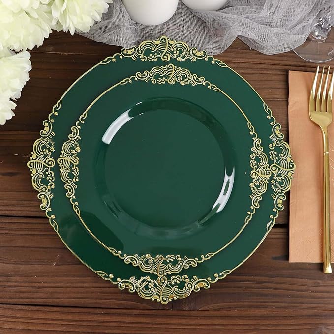 Efavormart 10 Pack | 10" Hunter Emerald Green and Gold Baroque Dinner Plates, Leaf Embossed Metallic Rim Heavy Duty Serving Plates for Forest Themes