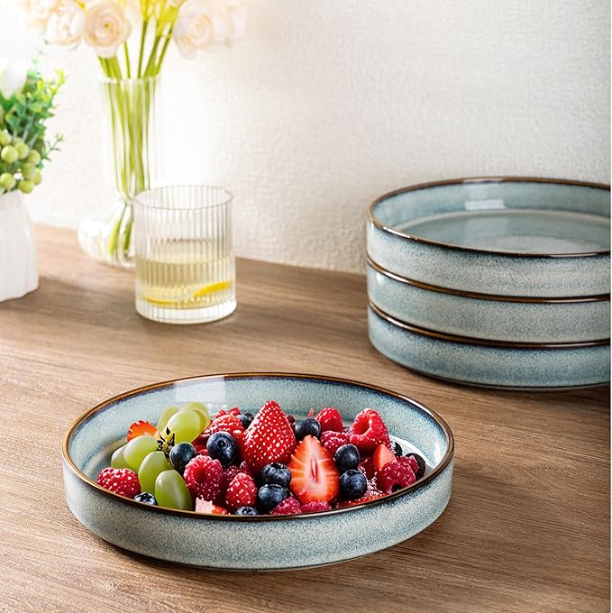 GBhome 9'' Large Ceramic Pasta Bowls, 32oz Stoneware Pasta Serving Bowls Set of 4 for Kitchen, Wide Bowls for Fruit,Pasta,Salad,Oatmeal,Meal, Microwave Safe, Space Blue