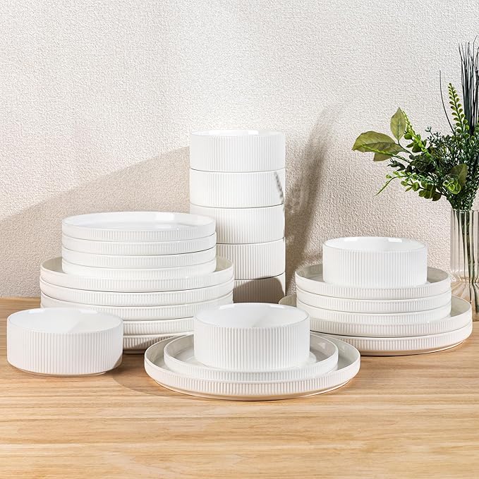 TheTerra Ceramic Dinnerware Sets for 8, 24 Pieces Porcelain Lightweight Plates and Bowls Sets, Scratch Resistant Dish Set, Oven & Microwave & Dishwasher Safe, Crisp White