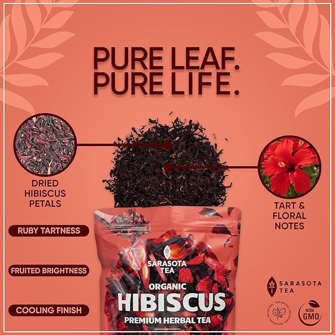 Organic Hibiscus 1lb Loose Leaf Tea | Naturally Tart & Refreshing Herbal Tea | Caffeine-Free | Dried Hibiscus Flowers for Hot or Iced | Non-GMO | Detox & Hydration Support