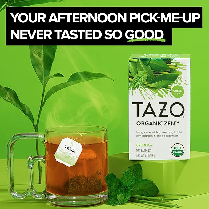 TAZO Organic Zen Green Tea Bags, Caffeine Free Tea with Refreshing Lemongrass & Spearmint, 96 Total Tea Bags (16ct - Pack of 6)